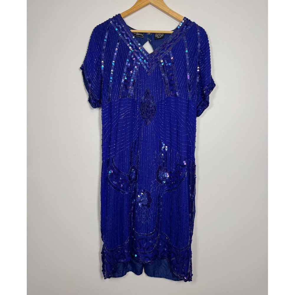 Art Deco Vintage Jewel Queen Beaded Silk Flapper Dress Womens Large Royal Blue